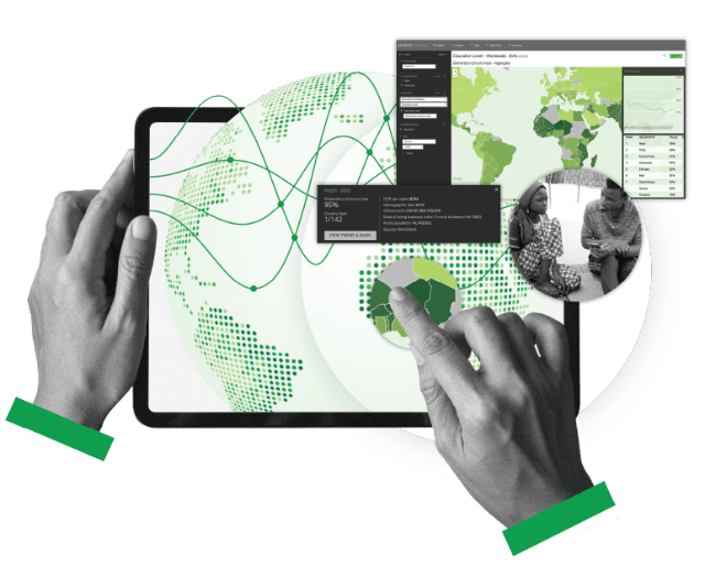 two hands holding a tablet showing global reach with 99% of the world map covered by our nationally representative samples