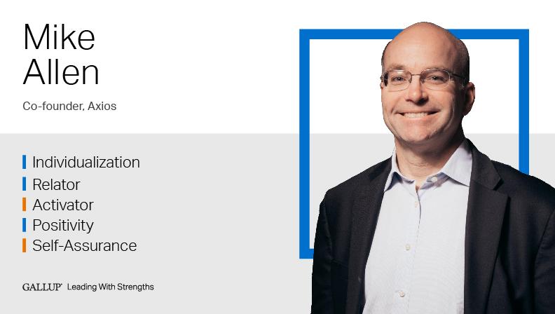 Mike Allen Co-founder, Axios INDIVIDUALIZATION | RELATOR | ACTIVATOR | POSITIVITY | SELF-ASSURANCE. GALLUP Leading with Strengths. Play How Mike Allen Leads With Strengths Video