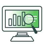 Icon of a computer screen with charts on it and a magnifying glass.